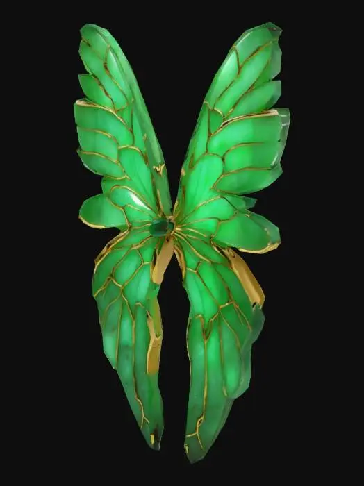 3D model for Green emerald wings of a bird a little curved attached to a bracelet of jade and gold. Symmetric. Golden veins in the feathers.