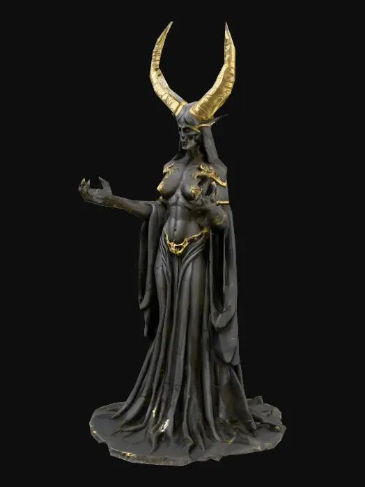 3D model for Demonic dark open hands pointing palms upwards like its offering a gift, but is none. Cracked dark stone statue texture, hollow and gothic. Gold details. 2 long high demon horns from the ground shapes almost an arc close to the arms.