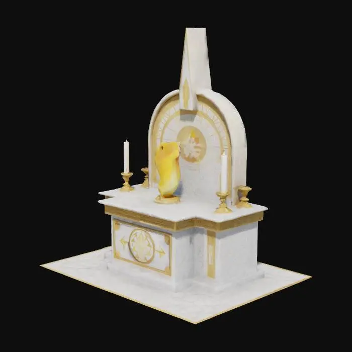 3D model for Altar with a beacon, a small spire in the center and floating crystal perfect symmetric. A place to rest, heal. Pretty narrow design. Interesting runes. White marmor and gold colors,  crystal is yellow and white.