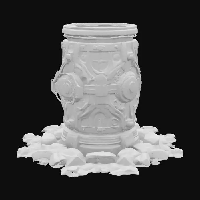 3D model for Science Fiction Barrel standing right side up with 4 big tubes from the ground goes into its sides, some fractures in the barrel itself, revealing a power core inside, open top, cosmos black and pink and purple details. Tubes in bronze. 