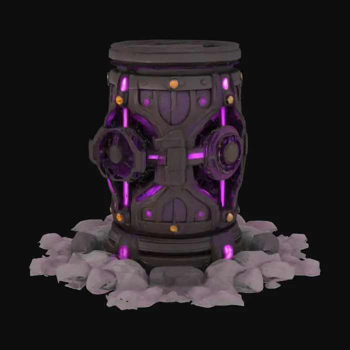 3D model for Science Fiction Barrel standing right side up with 4 big tubes from the ground goes into its sides, some fractures in the barrel itself, revealing a power core inside, open top, cosmos black and pink and purple details. Tubes in bronze. 