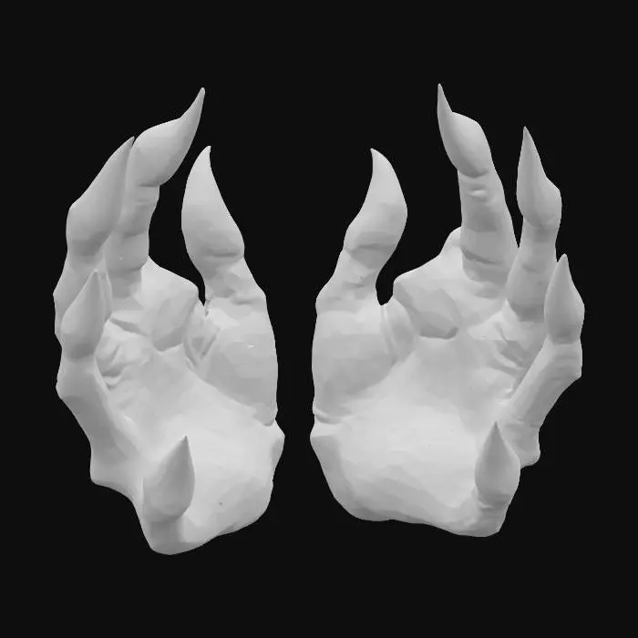 3D model for Demonic hands with claws, with open palms from the ground, like its offering a gift, but the hands are empty. Arms close to each other. Finger rings got chaines that goes to the ground. Statue texture with dark grey with cracks. Hollow. Gothic.