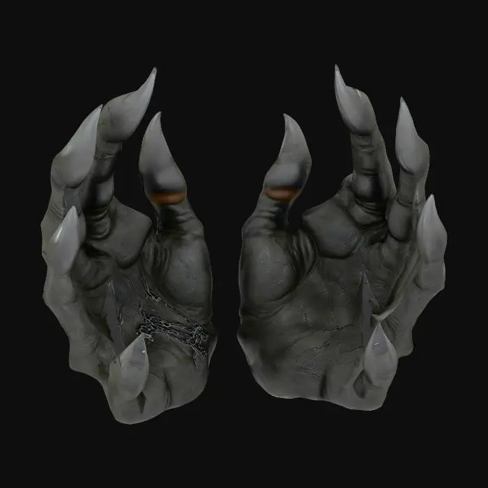 3D model for Demonic hands with claws, with open palms from the ground, like its offering a gift, but the hands are empty. Arms close to each other. Finger rings got chaines that goes to the ground. Statue texture with dark grey with cracks. Hollow. Gothic.