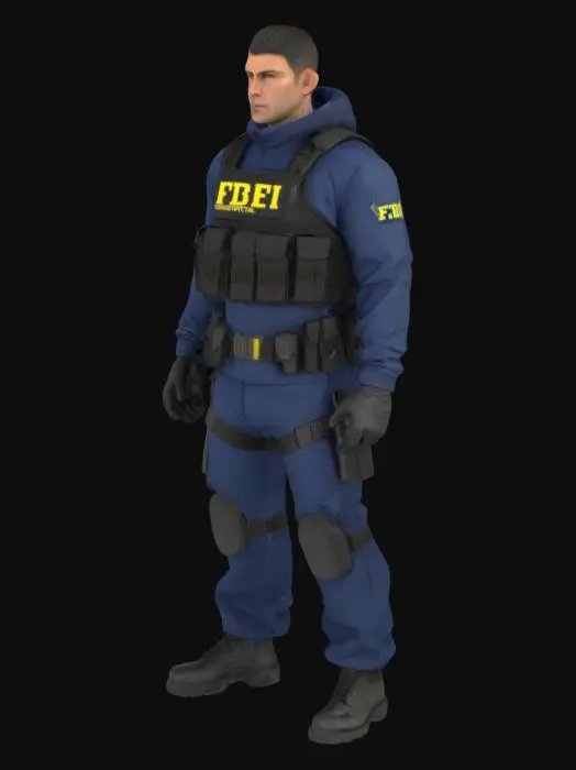 3D model for Create a realistic 3D model of a modern FBI agent. He is a fit man in his 30s with short dark hair, clean-shaven face, and sharp hazel eyes. He wears a dark blue tactical uniform with a bulletproof vest labeled 'FBI' in bold yellow letters. His gear includes a utility belt with a holstered pistol, handcuffs, radio, and flashlight. He has black gloves, combat boots, and a body camera on his chest. An earpiece runs into his collar, and a digital watch is on his wrist. He stands alert, one hand near his weapon, in a sunlit urban street with a black FBI SUV behind him. Add realistic lighting, facial texture, and slight dust on gear for realism.