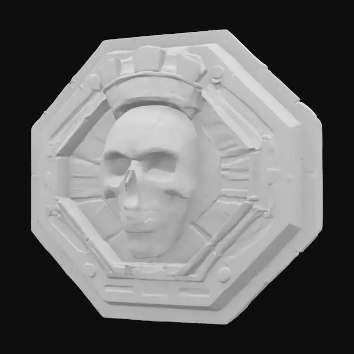 3D model for A futuristic cyberpunk faction emblem, metallic hexagon base with glowing neon blue circuit lines, central skull with a digital crown, high-tech textures, worn steel edges, holographic particle effects, detailed 3D design, #emblem#