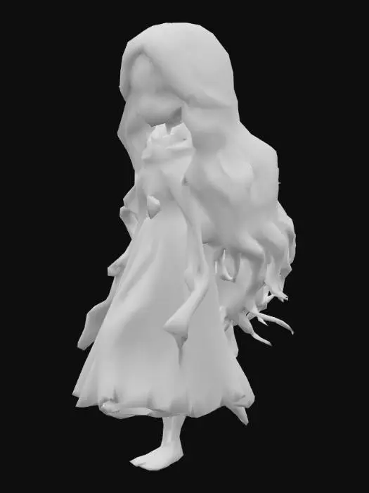 3D model for Uma boneca cigana delicada com o rosto bem detalhado, esculpida em um material que simula porcelana polida ou resina lisa, com textura suave ao toque. Seus longos cabelos lisos e pretos caem elegantemente, emoldurando um rosto sereno com ohos azuis vibrantes. Ela usa um lenço com medalhas douradas na cabeça, feito de um tecido leve e fluido, cujas dobras criam volume e dão um ar autêntico à sua figura esguia e grácil. tem um vestido rodado com pontas.