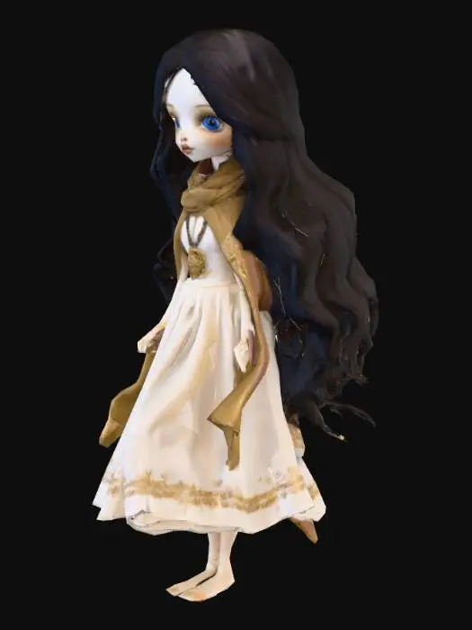 3D model for Uma boneca cigana delicada com o rosto bem detalhado, esculpida em um material que simula porcelana polida ou resina lisa, com textura suave ao toque. Seus longos cabelos lisos e pretos caem elegantemente, emoldurando um rosto sereno com ohos azuis vibrantes. Ela usa um lenço com medalhas douradas na cabeça, feito de um tecido leve e fluido, cujas dobras criam volume e dão um ar autêntico à sua figura esguia e grácil. tem um vestido rodado com pontas.