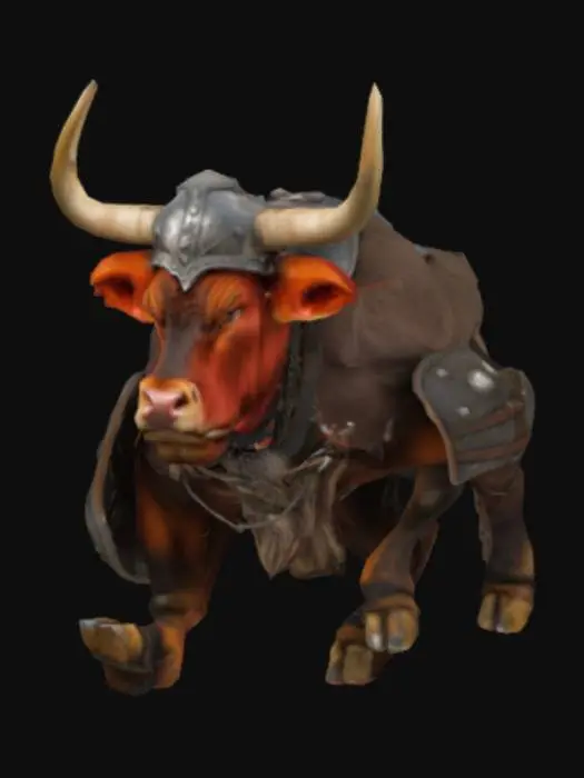 3D model for bull as a vicking  after battle  with an angry face watching as serious and beside a vicking 
