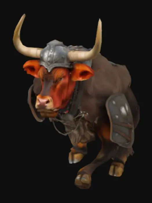 3D model for bull as a vicking  after battle  with an angry face watching as serious and beside a vicking 
