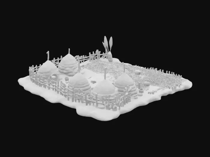 3D model for stone age farm, primitive crop field with wheat and corn, wooden fences made of sticks, stone irrigation channels, small huts made of straw and mud, animal bones used as tools, clay pots near the field, uneven natural ground, tribal decorations, realistic but game-friendly, no metal, isolated, isometric view