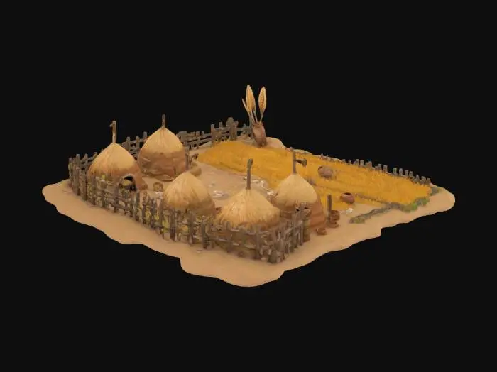 3D model for stone age farm, primitive crop field with wheat and corn, wooden fences made of sticks, stone irrigation channels, small huts made of straw and mud, animal bones used as tools, clay pots near the field, uneven natural ground, tribal decorations, realistic but game-friendly, no metal, isolated, isometric view