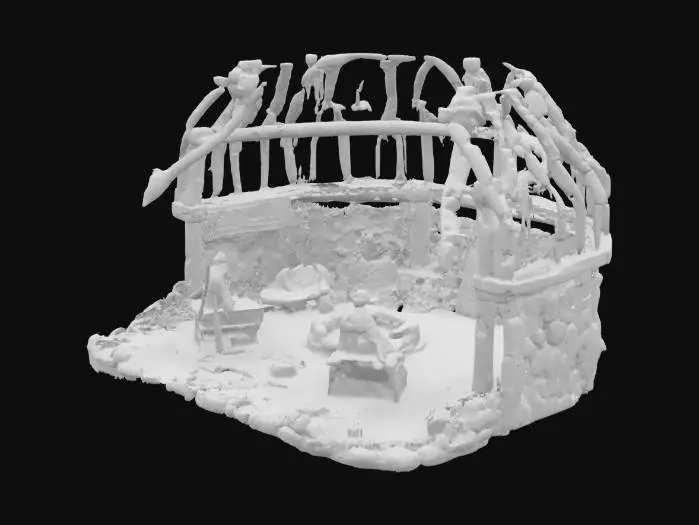 3D model for stone age barracks, large wooden and stone hut, training dummies made of straw and bones, spears and stone clubs stored outside, animal hide tents around, central fire pit, primitive banners, tribal carvings on wood, rugged stone walls, realistic textures but slightly stylized for game, isolated, isometric view