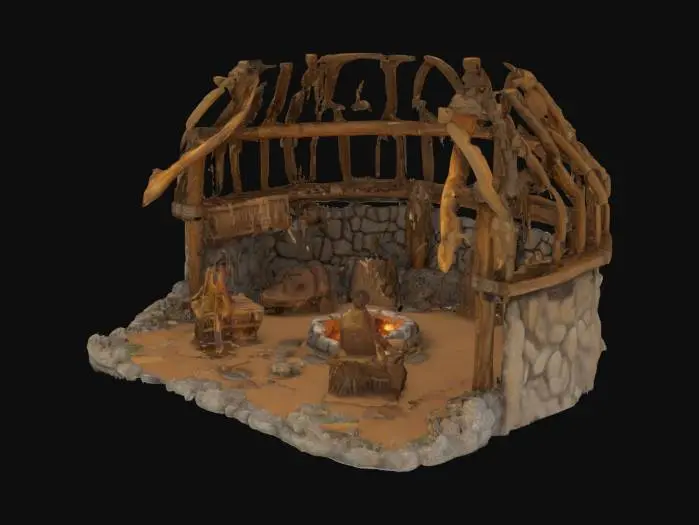 3D model for stone age barracks, large wooden and stone hut, training dummies made of straw and bones, spears and stone clubs stored outside, animal hide tents around, central fire pit, primitive banners, tribal carvings on wood, rugged stone walls, realistic textures but slightly stylized for game, isolated, isometric view