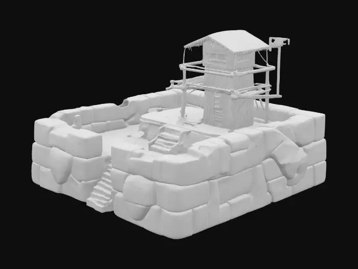 3D model for stone age defensive wall, huge irregular stone blocks stacked, reinforced with wooden beams and rope, moss and vines growing on cracks, primitive watchtower made of logs, uneven texture for realism, tribal carvings, rugged and heavy look, no metal, slightly stylized for strategy game, isolated, isometric view