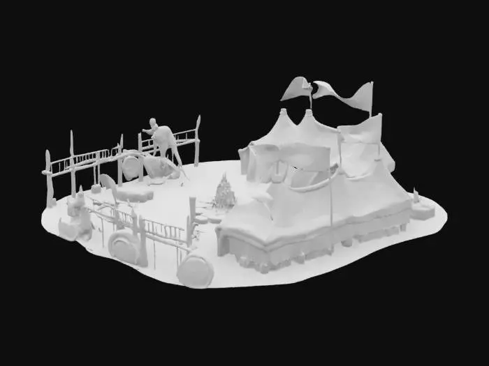 3D model for stone age army camp, multiple animal hide tents, central bonfire, stacked spears and stone weapons, wooden shields leaning on rocks, primitive banners waving, crude wooden watch posts, scattered bones and trophies, natural ground with dirt and grass, realistic but game-optimized, no metal, isolated, isometric view