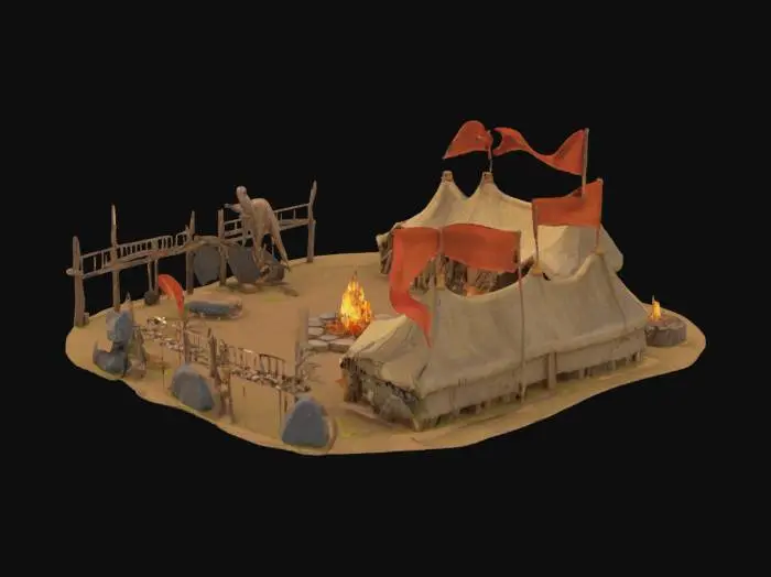 3D model for stone age army camp, multiple animal hide tents, central bonfire, stacked spears and stone weapons, wooden shields leaning on rocks, primitive banners waving, crude wooden watch posts, scattered bones and trophies, natural ground with dirt and grass, realistic but game-optimized, no metal, isolated, isometric view