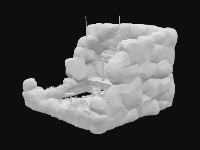 3D model for ultra realistic stone age quarry, primitive rocky mine with wooden supports and rope pulleys, rough stone blocks scattered, workers using stone tools, earthy tones, overgrown grass around, smoke dust in the air, early civilization vibe, cinematic lighting, highly detailed texture, game building concept art, isometric view