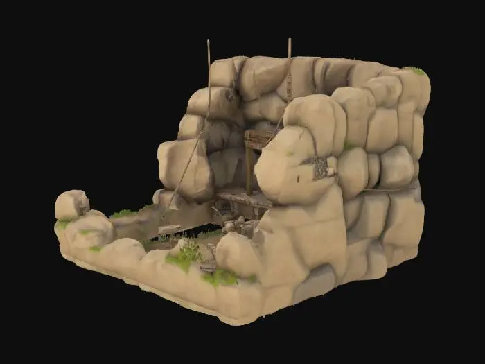 3D model for ultra realistic stone age quarry, primitive rocky mine with wooden supports and rope pulleys, rough stone blocks scattered, workers using stone tools, earthy tones, overgrown grass around, smoke dust in the air, early civilization vibe, cinematic lighting, highly detailed texture, game building concept art, isometric view