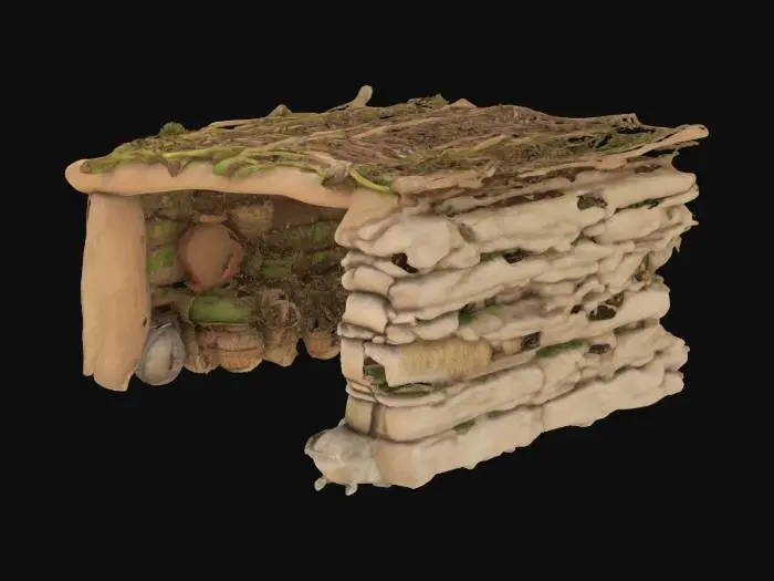 3D model for ultra realistic stone age storage hut, primitive wooden and straw construction, stacked clay jars and baskets with grains, stone walls partly covered in moss, animal skin door cover, earthy muted tones, detailed texture, cinematic sunlight, survival village atmosphere, game building concept art, isometric perspective