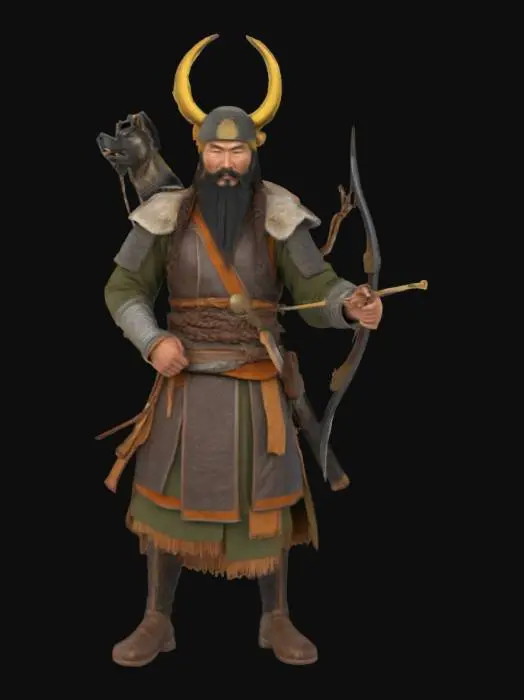 3D model for Create a realistic and highly detailed 3D model of Mete Han, the legendary founder of the Xiongnu Empire. He is a powerful, wise ancient warrior leader from Central Asia. Dress him in traditional steppe nomadic armor made of leather, fur, and bronze. Give him a fur-lined helmet with a crescent symbol, a long braided mustache, and a noble, stern expression. Include historically inspired weapons like a curved sword (scimitar) and a composite bow. Place a wolf motif on his armor, representing strength and leadership. His stance should be commanding, as if he is giving orders before battle. Make the textures realistic: worn leather, detailed embroidery, natural fur, and metallic bronze elements. Lighting should emphasize realism and facial features. Background optional.