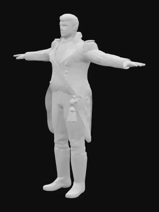 3D model for Ultra realistic full body 3D model of Napoleon Bonaparte in clean T-pose. French Caucasian male with pale skin, defined chin, short brown hair, sharp blue eyes. Wearing iconic dark navy military coat with gold embroidery, white inner vest, beige trousers, and tall polished black boots. Golden epaulettes, red sash, and detailed buttons. Face slightly stern with historical likeness. Posture upright and formal. Fabric textures crisp and tailored. Proportions realistic, ready for game animation. Lighting soft and balanced. Background transparent.