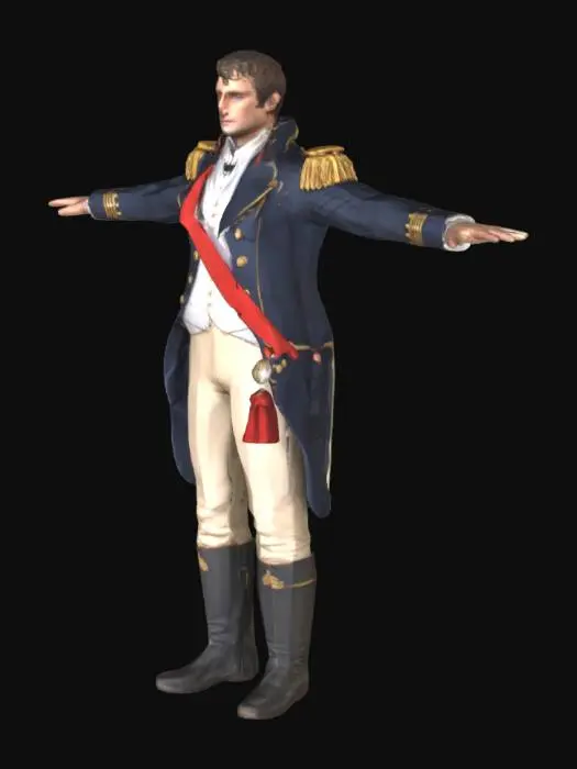 3D model for Ultra realistic full body 3D model of Napoleon Bonaparte in clean T-pose. French Caucasian male with pale skin, defined chin, short brown hair, sharp blue eyes. Wearing iconic dark navy military coat with gold embroidery, white inner vest, beige trousers, and tall polished black boots. Golden epaulettes, red sash, and detailed buttons. Face slightly stern with historical likeness. Posture upright and formal. Fabric textures crisp and tailored. Proportions realistic, ready for game animation. Lighting soft and balanced. Background transparent.