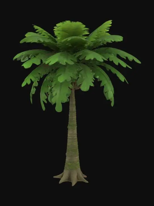 3D model for realistic 3D model of a broad-leaved tropical tree, wide canopy with vibrant green foliage, thick sturdy trunk, subtle curvature, suitable for forest or jungle environment, game optimized