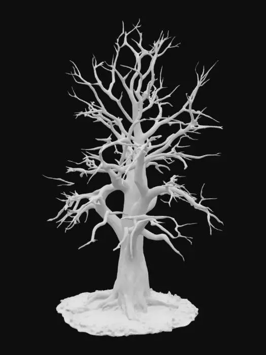 3D model for realistic 3D model of a dry alpine tree, twisted branches with sparse leaves, weathered bark, high altitude mountain look, stylized realism for strategy games, optimized mesh