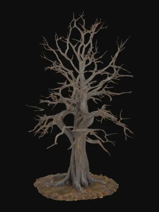 3D model for realistic 3D model of a dry alpine tree, twisted branches with sparse leaves, weathered bark, high altitude mountain look, stylized realism for strategy games, optimized mesh