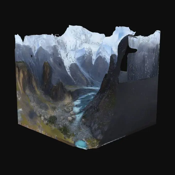 3D model for realistic 3D game environment, majestic himalayan mountains with snow-capped peaks, sharp rocky cliffs, icy rivers winding through valleys, light fog and atmospheric haze, natural alpine vegetation, optimized topology for real-time games