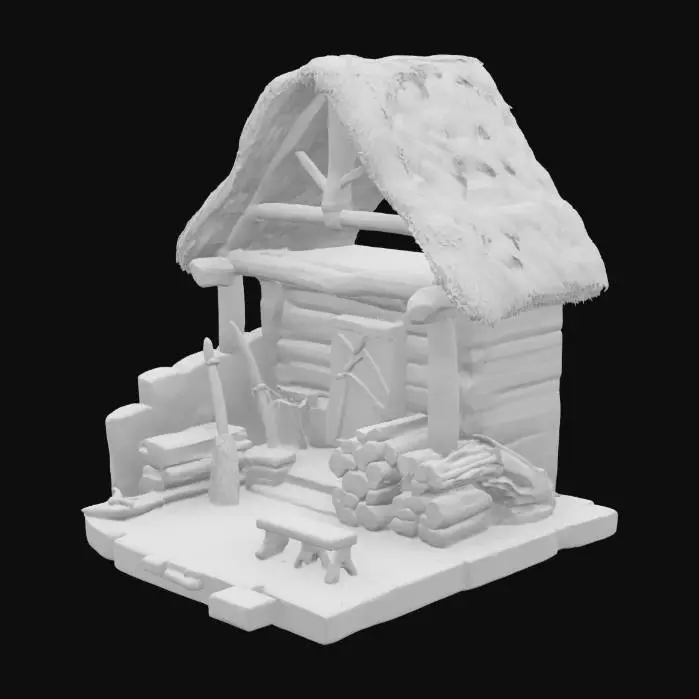 3D model for stone age lumber mill, primitive wooden structure, logs stacked beside, stone axes and wooden saws, animal hide roof, wooden scaffolding, bark and rope bindings, surrounded by cut trees and stumps, mossy stones, tribal design, realistic textures, slightly stylized for strategy game, no metal, isolated, isometric view