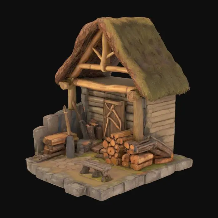3D model for stone age lumber mill, primitive wooden structure, logs stacked beside, stone axes and wooden saws, animal hide roof, wooden scaffolding, bark and rope bindings, surrounded by cut trees and stumps, mossy stones, tribal design, realistic textures, slightly stylized for strategy game, no metal, isolated, isometric view