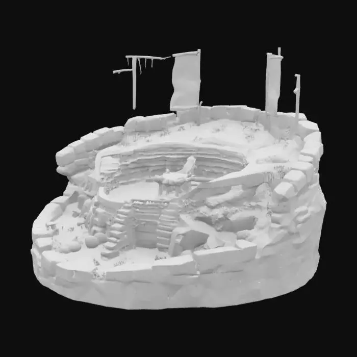 3D model for stone age town hall, massive stone and wood structure, central tribal building, circular layout, large wooden totem poles, primitive banners made of animal skins, moss-covered stones, wooden fences around, smoke coming from central fireplace, realistic stone textures, slightly stylized, game-ready model, no metal, isolated, isometric view