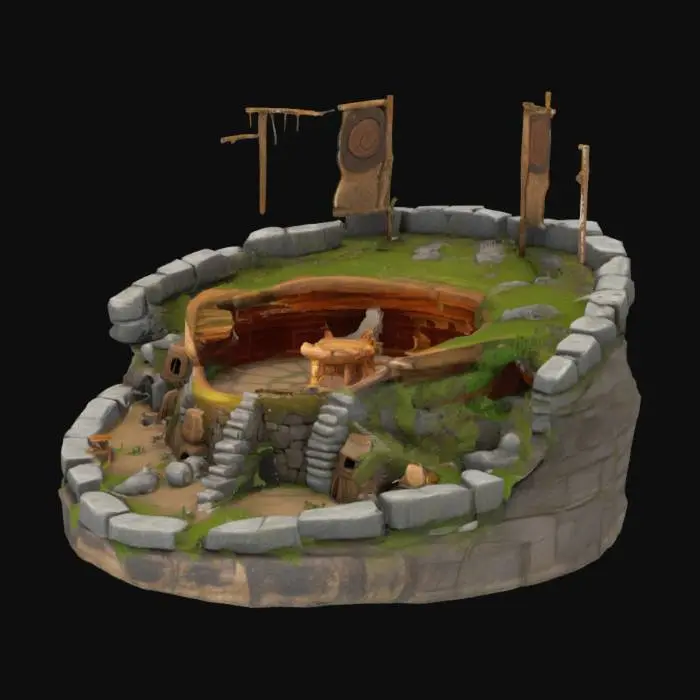 3D model for stone age town hall, massive stone and wood structure, central tribal building, circular layout, large wooden totem poles, primitive banners made of animal skins, moss-covered stones, wooden fences around, smoke coming from central fireplace, realistic stone textures, slightly stylized, game-ready model, no metal, isolated, isometric view