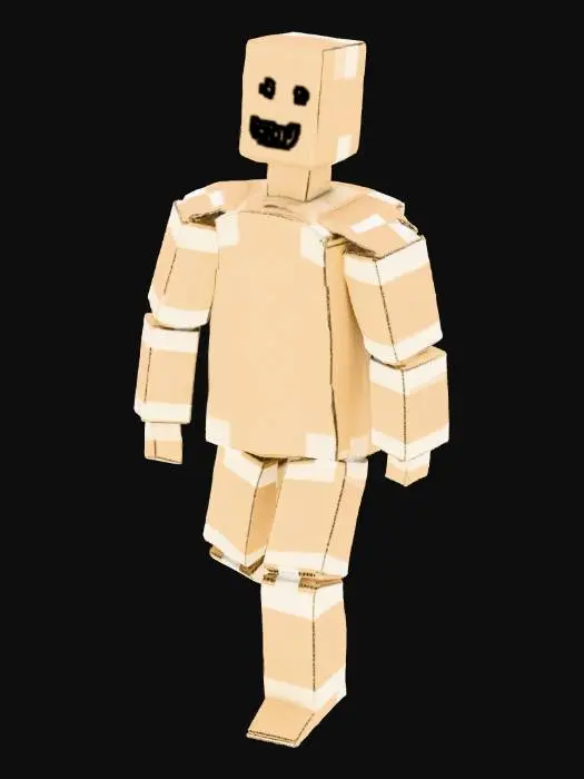 3D model for A man meticulously constructed from various pieces of light brown cardboard, cut and folded into angular, blocky shapes. The seams and joints are visibly secured with strips of translucent packing tape, creating a distinct, somewhat crude texture. His body is rigid, with a rough, fibrous feel from the cardboard and a smooth, slightly sticky quality from the tape. The overall form is simplified, almost like a puppet, with a natural, unpainted finish.
