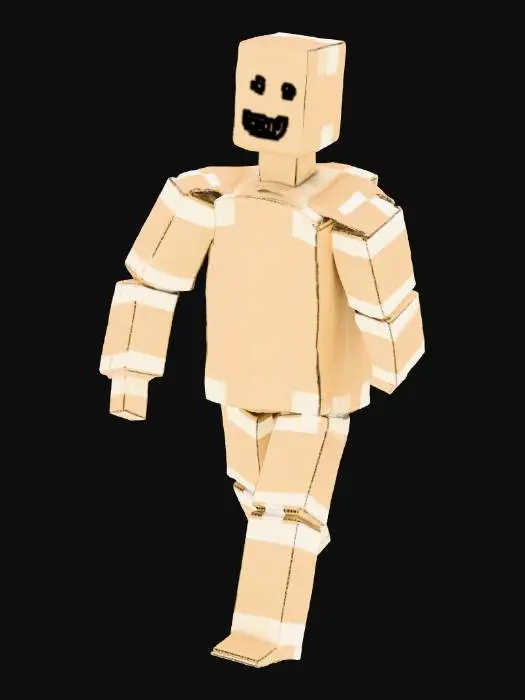 3D model for A man meticulously constructed from various pieces of light brown cardboard, cut and folded into angular, blocky shapes. The seams and joints are visibly secured with strips of translucent packing tape, creating a distinct, somewhat crude texture. His body is rigid, with a rough, fibrous feel from the cardboard and a smooth, slightly sticky quality from the tape. The overall form is simplified, almost like a puppet, with a natural, unpainted finish.