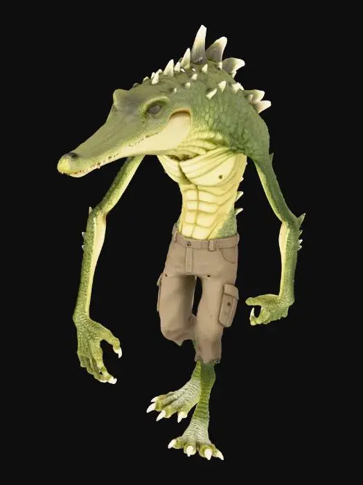 3D model for a human mixed with a alligator that has a long snout and long arms and long legs and dark brown pants and creepy spikes all over his back and is a slightly cartoony style that is mostly realistic