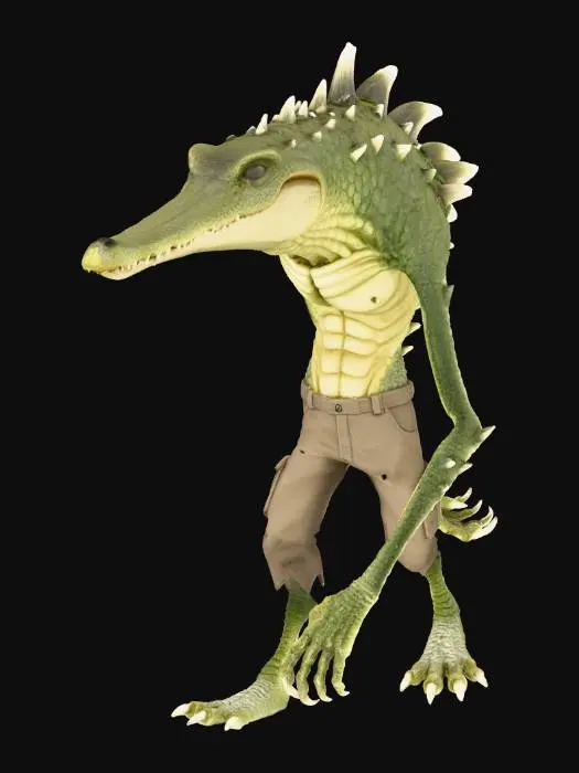 3D model for a human mixed with a alligator that has a long snout and long arms and long legs and dark brown pants and creepy spikes all over his back and is a slightly cartoony style that is mostly realistic