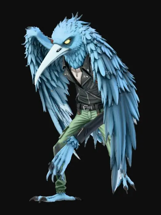 3D model for a human mixed with a blue bird that has a long beak and long arms and long legs and dark green pants and creepy torn up wings and he has a black jacket and is a slightly cartoony style that is mostly realistic