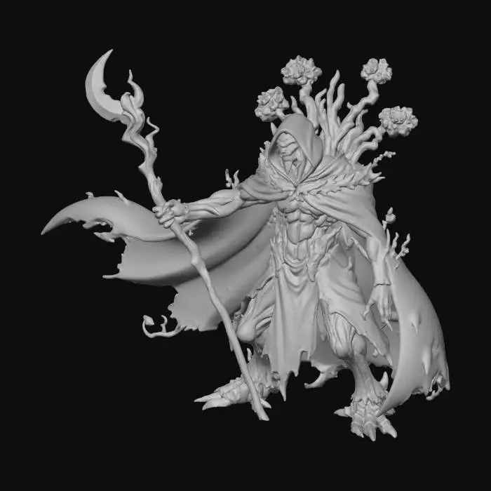 3D model for make an anime style tree monster with a dark green cloak and a staff with a glowing blade shaped moon at the end of it, #villain#