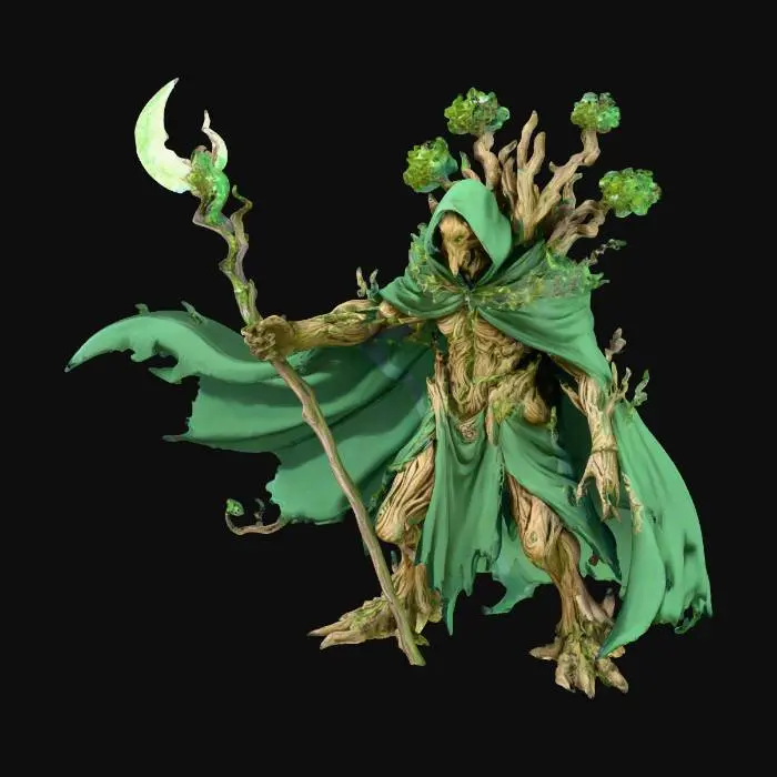 3D model for make an anime style tree monster with a dark green cloak and a staff with a glowing blade shaped moon at the end of it, #villain#