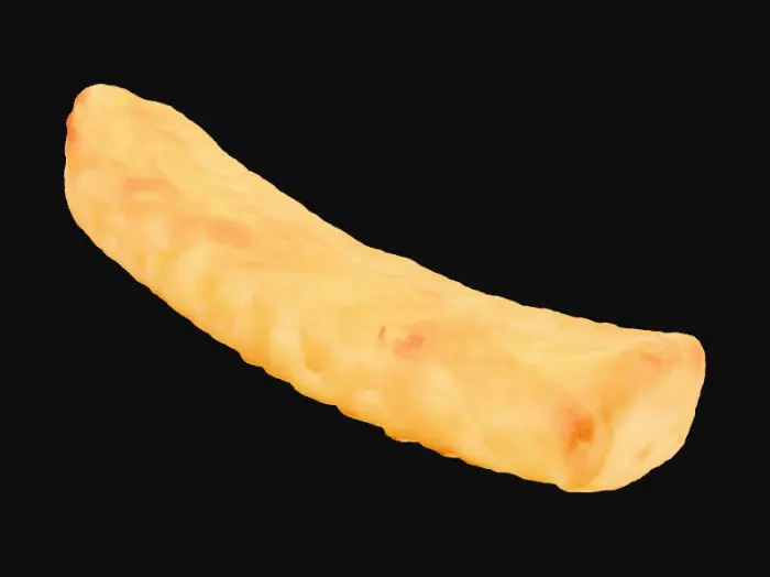 3D model for Realistic 3D model of a single french fry, golden yellow, crispy on the outside, fluffy inside, smooth edges, McDonald's style fast food french fry, photorealistic food model, isolated, professional food advertisement look