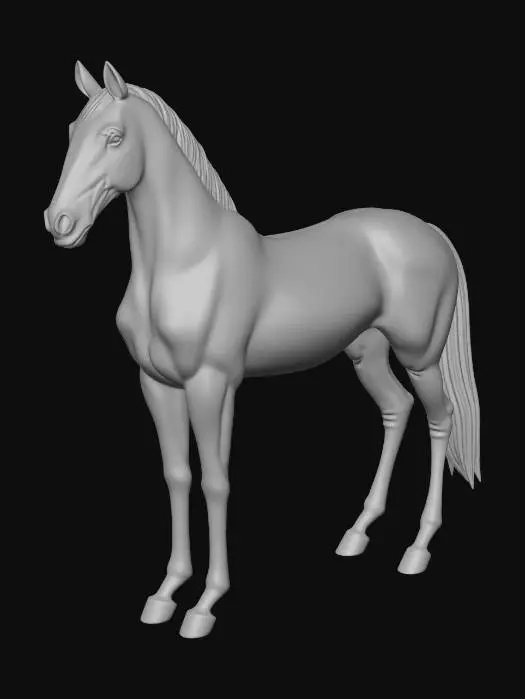 3D model for A full body 3D sculpture of an Akhal-Teke horse, metallic champagne-gold fur texture, elegant and slender neck, strong muscle definition, standing in a noble pose, photorealistic style, game asset, 4k texture, turntable style, isolated on white background, high fidelity geometry."solid thick legs, 3d printable figurine style, watertight geometry"