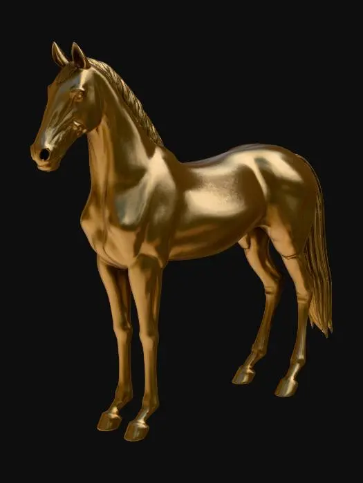 3D model for A full body 3D sculpture of an Akhal-Teke horse, metallic champagne-gold fur texture, elegant and slender neck, strong muscle definition, standing in a noble pose, photorealistic style, game asset, 4k texture, turntable style, isolated on white background, high fidelity geometry."solid thick legs, 3d printable figurine style, watertight geometry"