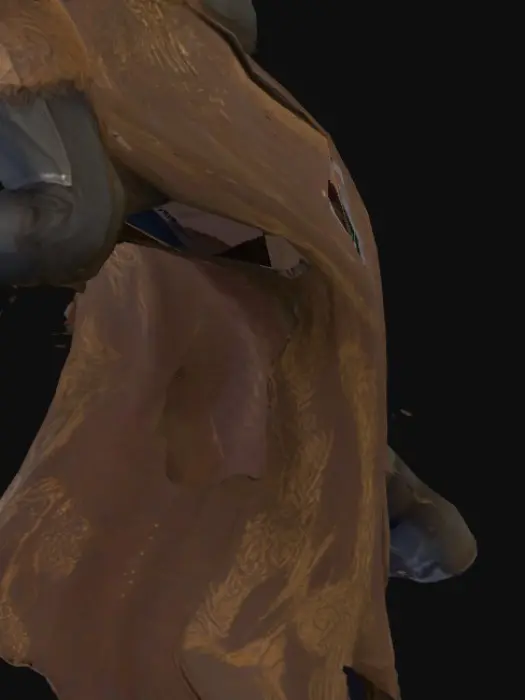 3D model for Create an image of a bipedal humanoid. he should be clothed in black with a brown tattered cloak. he should wear a leather toolkit from his shoulder to his hip. he should have metal and cybernetic elements to his costume. state him spread eagle for rigging.