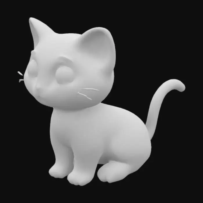 3D model for The object is a cute, stylized cat figure with large, glossy eyes, smooth white fur texture, rounded ears, and a curled tail, set against a soft warm background., 