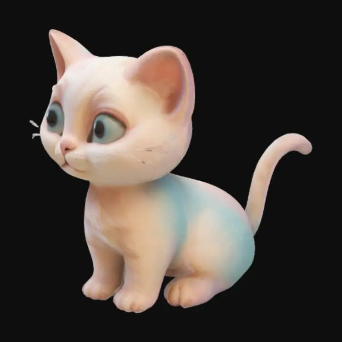 3D model for The object is a cute, stylized cat figure with large, glossy eyes, smooth white fur texture, rounded ears, and a curled tail, set against a soft warm background., 
