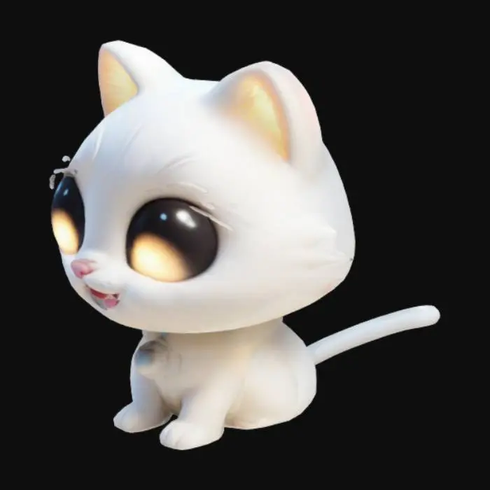 3D model for  , The object is a cute, round, cartoon-like cat with smooth, glossy texture, large eyes, and a small bell on its collar, set against a pink background.