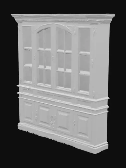 3D model for A brown wooden closet with glass windows and plates inside 