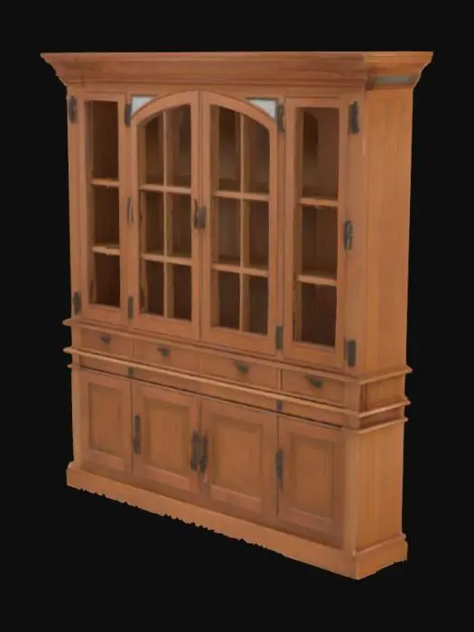 3D model for A brown wooden closet with glass windows and plates inside 